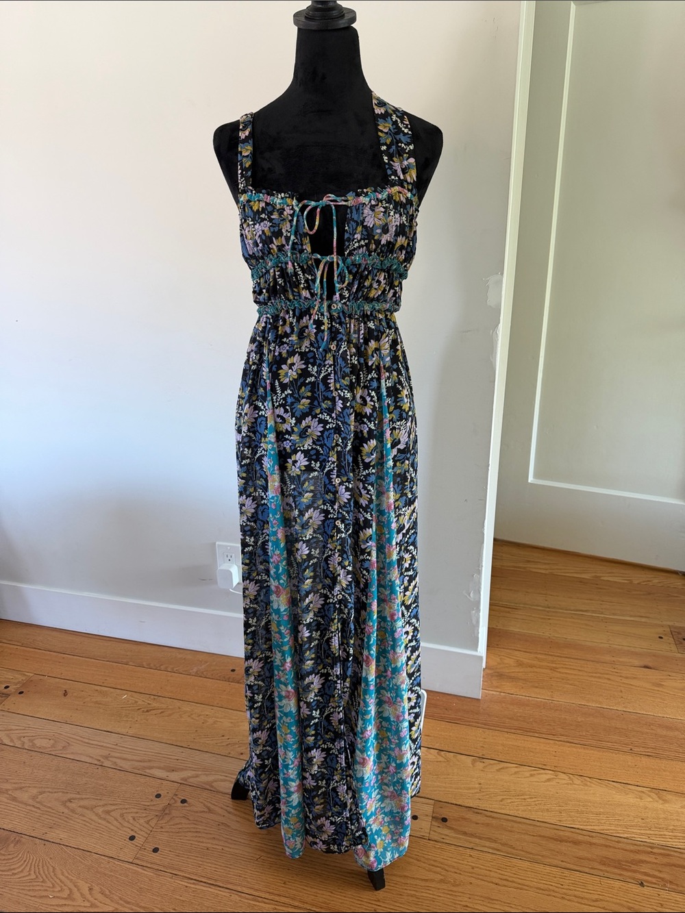 Free People Black Floral Tie-Front Maxi Dress with Blue & Green Accents